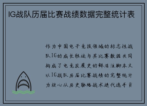 IG战队历届比赛战绩数据完整统计表