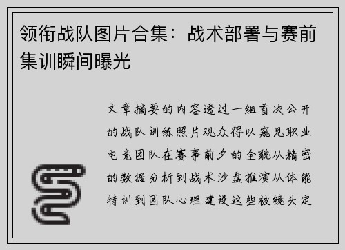 领衔战队图片合集：战术部署与赛前集训瞬间曝光