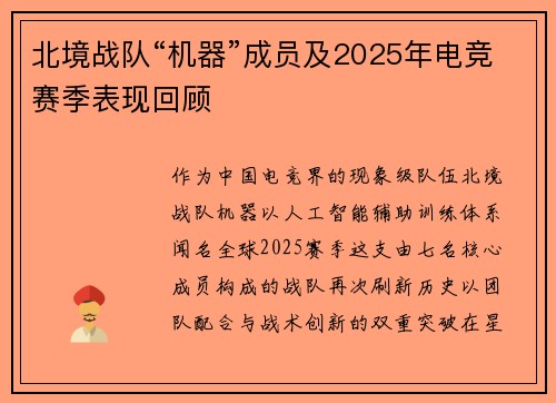 北境战队“机器”成员及2025年电竞赛季表现回顾
